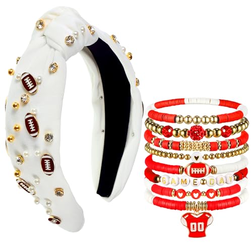 Quelay 9 Pcs Football Bracelets Headband Set for Women, White, Cool