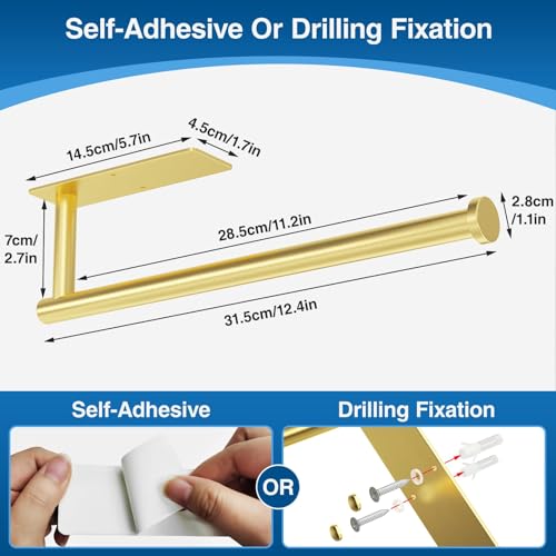 Image of Paper Towel Holder - Self-Adhesive or Drilling, Gold, Wall Mounted, SUS304 Stainless Steel Kitchen Roll Dispenser Under Cabinet