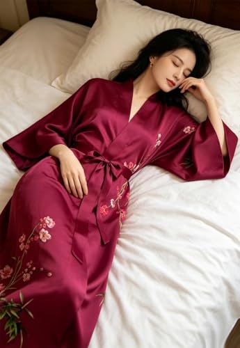 Image of Women's Classic 100% Silk Kimono Robe, Bathrobe-Printed Pattern
