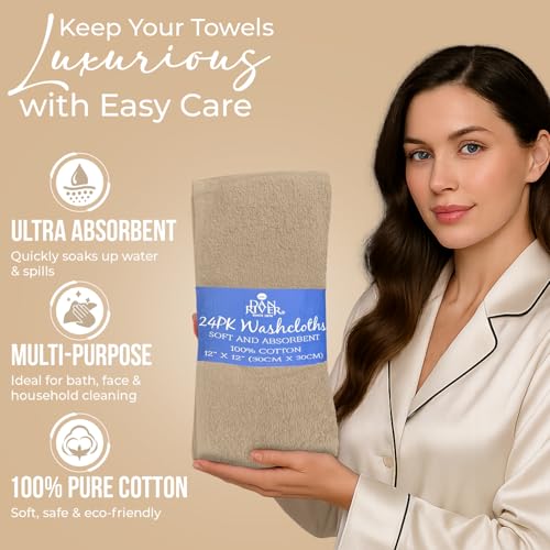 Image of DAN RIVER 24 Pack Wash Cloths for Showering [12x12] - 100% Cotton Washcloths Premium Quality Flannel Face Cloths for Bathroom, Highly Absorbent and Soft Feel Wash Clothes, Tan