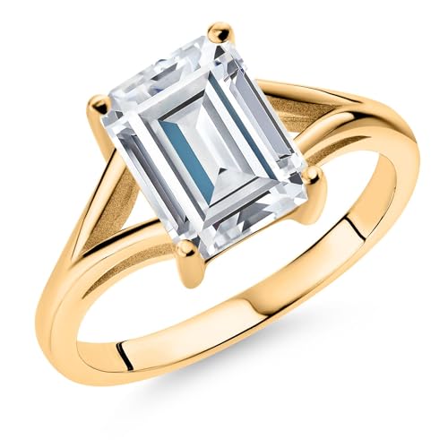 Gem Stone King 18K Yellow Gold Plated Silver Gemstone Birthstone Solitaire Engagement Ring for Women | Emerald Cut 9X7MM | Split Shank Design | Wedding Engagement Anniversary Promise Ring | Size 5-9