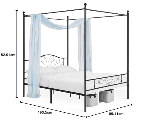 Image of Metal King Size Poster Bed Without Storage | Wrought Iron Canopy Poster Bed King Size with Headboard & Footboard | Cot Without Storage | Metal Furniture for, Living Room, (Design 1-Black)