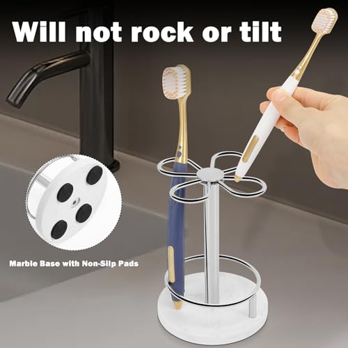 Image of Toothbrush Holder Stand for Bathroom, Metal Toothbrush Organizer with Marble Base, Toothbrush Storage Collection for Family, Suitable for Home Hotel Countertop Vanity (Small, Chrome Finish)