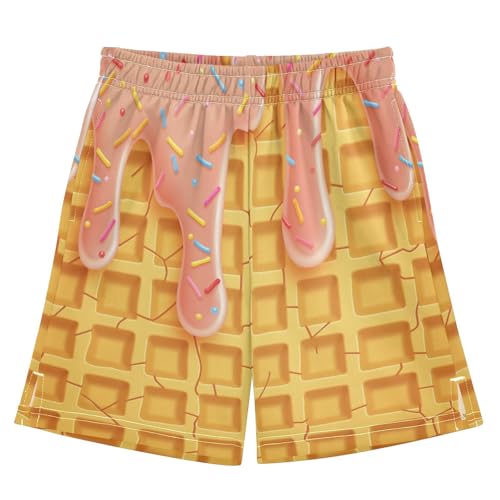 Waffles Ice Cream Cone Athletic Shorts with Zipper Pockets, Youth Boys Athletic Running Shorts for Summer