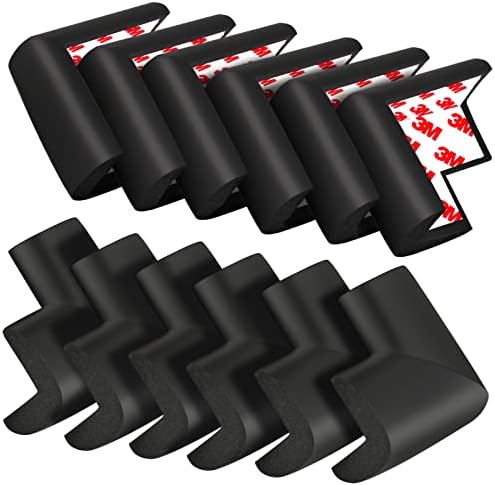 12 Pack Soft Corner Protector Baby Proofing Edge and Corner Guards, Safety Pre-Taped Furniture Bumper for Fireplace, Table, Stair, Cabinet (Black)