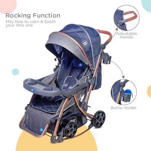 Image of Mee Mee Baby 2-in-1 Pram /Stroller Cum Rocker, with 3 Reclining Positions, Wheel Brakes, Reversible Handle, Water-Resistant Canopy, Spacious Storage Basket, and 5-Point Safety Harness (0-3 Yrs, Blue)