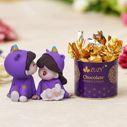 eCraftIndia Valentine Gift for Girlfriend Boyfriend Purple Miniature Romantic Couple Statue Boy Kissing Girl Forehead Showpiece | Zuzy Almond Chocolates Gift Box | Valentines Day Decoration Items