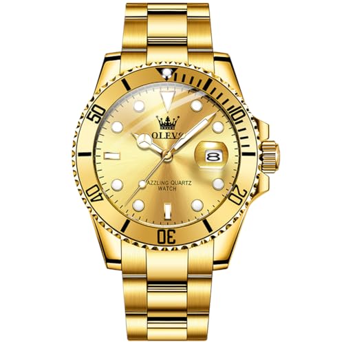 OLEVS Mens Watch Big Face Gold Stainless Steel Analogue Quartz Watches Men Rotatable Bezel Calendar Men's Dress Watch Waterproof Luminous with Date Watches for Mens Reloj para Hombre