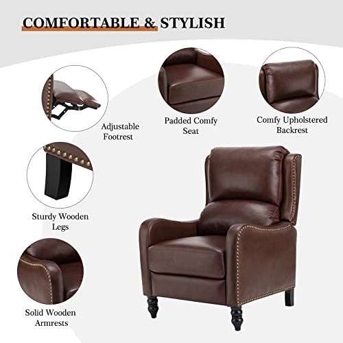 Hulala Home Genuine Leather Recliner Set Of 2, Manual Leather Recliners With Nailhead Trims & Solid Wood Legs, Modern Push Back Leather Recliner Chair For Living Room, Home Theater, Brown #TOP4