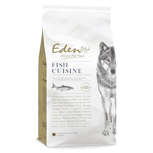 Eden Fish Cuisine 2kg Medium Kibble. Premium Dry Dog Food for Adult & Senior Dogs - Salmon Herring Trout White Fish Green-lipped mussel & Spirulina perfect for dogs with sensitive stomachs.