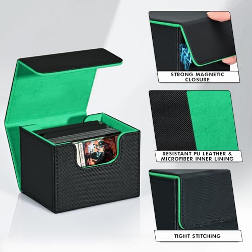 Image of ZLCA Card Deck Box for Trading Cards, MTG Commander Deck Box Holds 120+ Single Sleeved, Leather Magnetic Card Storage Case Fits for TCG CCG Magic(Black& Dark Green)