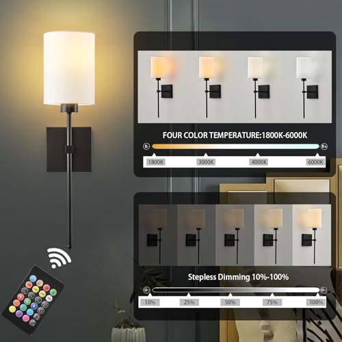 Image of Battery Operated Wall Sconce Set of Two,Wireless Rechargeable Wall Lights With Remote Control,Dimmable,4 CCT,RGB,Timer,Cordless Decor Lighting for Living Room, Bedroom, Entryway,Black,23.6 Inch