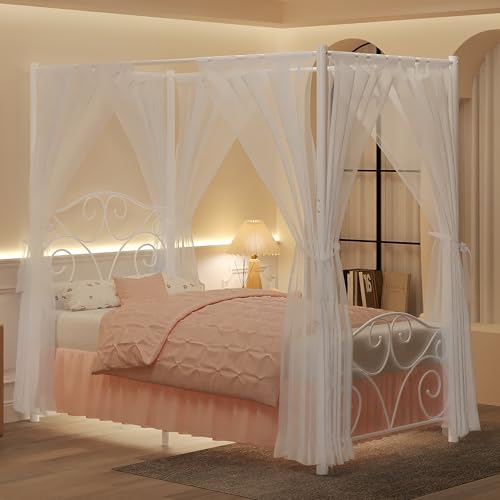 Image of VECELO Metal Canopy Bed Frame Twin Size, 4 Posters Platform Mattress Foundation with Headboard, Heavy Duty Steel Slats Support, No Box Spring Needed, White