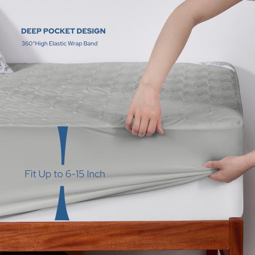 Image of BEDLORE Waterproof Mattress Protector, Twin XL Size Mattress Pad with Deep Pocket 6 inch-15 inch Depth, Soft Dirt-Proof Double Bed Mattress Cover for Bedroom, College Dorm, Hotel (Light Gray)