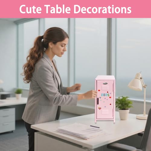 Image of Mini Locker with Lock Key Stickers Box Metal Small Locker Mini Locker Miniature Storage Girls Lockbox Desktop Storage Organizer for Cash Money Jewelry Safe Dollhouse Furniture Accessories (Pink)