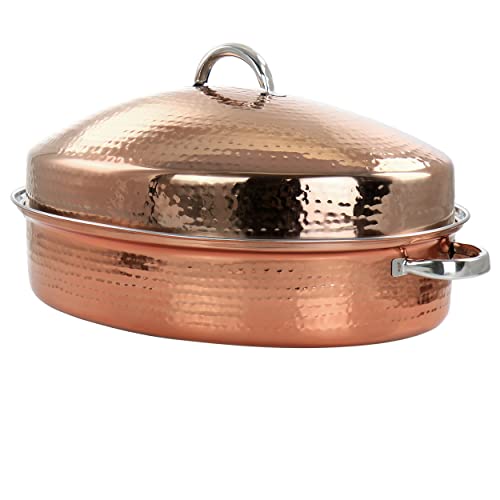 17.5 Inch Stainless Steel Copper Plated Oval Roaster With Lid And Roasting Rack  