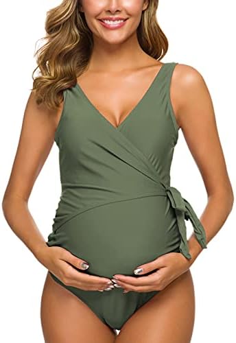 Tempotrek Maternity Swimsuit One Piece Elegant V Neck Pregnancy Swimwear Tie Front Bowknot Bathing Suit Monokini