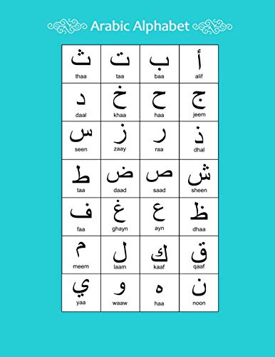 Arabic Alphabet: A4 Turquoise Arabic Notebook with Arabic Alphabet table, 8.5x11", Blank lined wide ruled paper with right margin for right to left Arabic writing, perfect bound, Soft back
