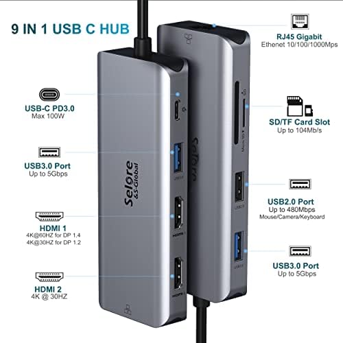 USB C Docking Station Dual Monitor 2 HDMI for Dell HP Lenovo, 9 in 1 USB C Hub Multiport Adapter to Dual HDMI 4K, Gigabit Ethernet, 4 USB, 100W PD, SD/TF Card Reader for Surface MacBook Laptops