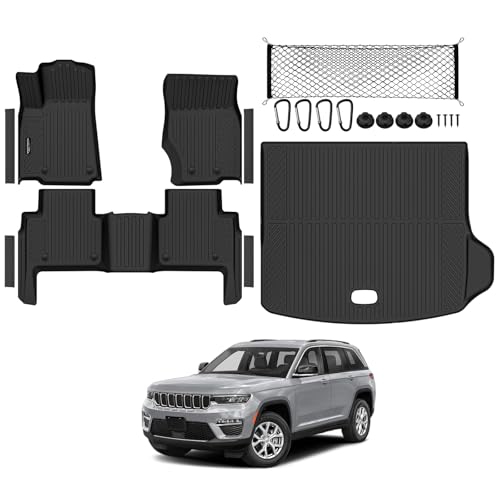 Tongama-Floor Mats for 2022-2025 2026 Jeep Grand Cherokee (Include 4xe Not WK or L), All Weather TPE Trunk Mat and Cargo Net and Door Sill Guards for Jeep Grand Cherokee Floor Liner Accessories