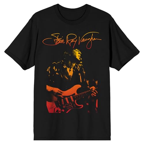 Bioworld Stevie Ray Vaughan Playing Guitar with Signature Mens Black Short Sleeve Tee-XL