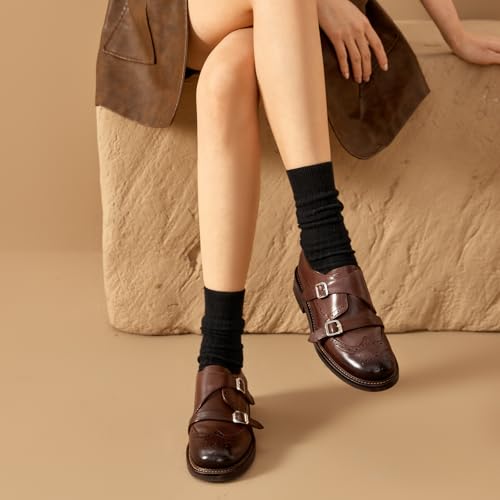 Image of BEAU TODAY Women's Leather Loafers, Wingtip Brogue Monk Strap Shoes | Genuine Leather, Round Toe, Low Heel, Metal Buckle, Non-Slip, Comfortable Business Casual Flats for Work and School