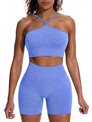 HYZ Women's Workout 2 Piece Outfits High Waist Running Shorts Seamless Gym Yoga Crop Top Bra Sets Blue