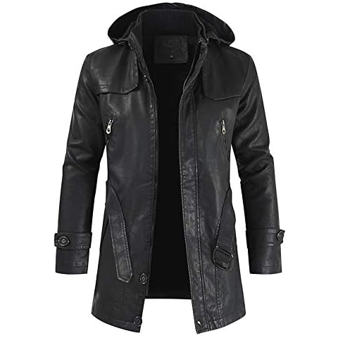 CFWL Winter Men's Leather Casual Fashion Mid-Length Pu Leather Jacket Hooded Slim Coat Combat Jacket Tactical Soft Shell Fleece Jackets with Multi Pockets Denim Jacket Men's Crew Black XL Cover