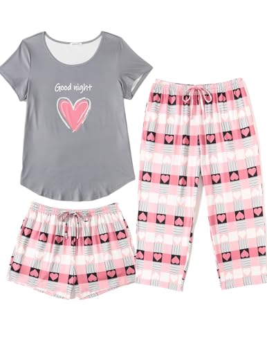 Image of Ekouaer 3 PCS Capri Pajamas for Women Set Short Sleeve Pajama Lounge Sets | Floral Pj Sets Top and Capri Pants Soft Comfy Sleepwear with Pockets for Home, Daily Wear for Mom, Wife, Grandmother