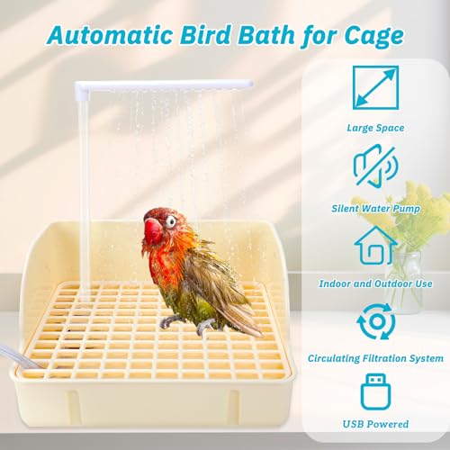 Image of Automatic Bird Bath Fountain, USB Powered Bathtub for Parrots | Chew-Proof Anti-Bite Power Cord, Running Water Faucet Showers, Beige Tub for Parakeets, Cockatiels, Conures, African Greys