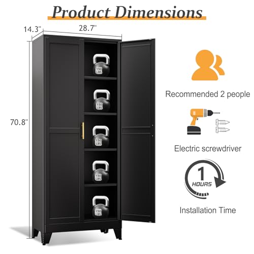 Image of Black Pantry Storage Cabinet,71 inch Kitchen Pantry with Doors and 4 Adjustable Shelves, Metal Storage Cabinet, for Office, Home, Garage, School