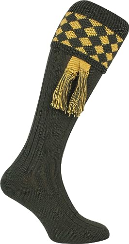 JACK PYKE Harlequin Shooting Socks with Garters 8 to 11 UK Green/Gold
