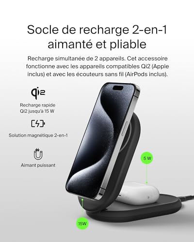 Belkin BoostCharge Socle de Recharge 2-en-1 aimanté et Pliable Qi2, 15W, Compatible MagSafe Chargeur sans Fil, Recharge Rapide, Apple iPhone 17, iPhone Air, Pixelsnap, Adaptateur Inclus - Noir