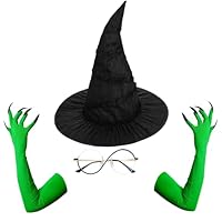 RKCUOY Halloween Witch Costume Set - Witch Hat, Glasses & Green Gloves for Women Cosplay, Movie Props & Party Accessories