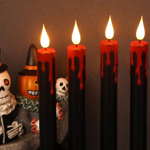 Image of Black Flameless Taper Candles Flickering with Remote and Timer, Blood Dripping Wax Effect Battery Operated Yellow Light LED Taper Candles Dinner Halloween Spooky Decor(4 Pack, 0.78 inch x 8.9 inch)