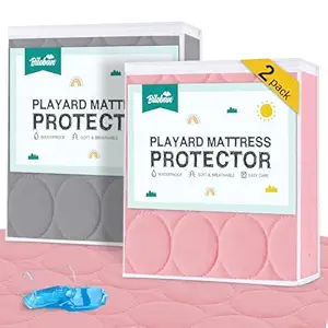 Pack and Play Protector Sheets Waterproof 2 Pack, Quilted Playard Mattress Pad Cover Fitted Fits for Graco Pack n Play Playard Mattress/Playpen Mattress, Gray & Pink, 39" x 27"