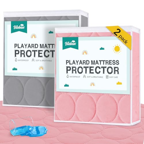 Pack and Play Protector Sheets Waterproof 2 Pack, Quilted Playard Mattress Pad Cover Fitted Fits for Graco Pack n Play Playard Mattress/Playpen Mattress, Gray & Pink, 39" x 27"