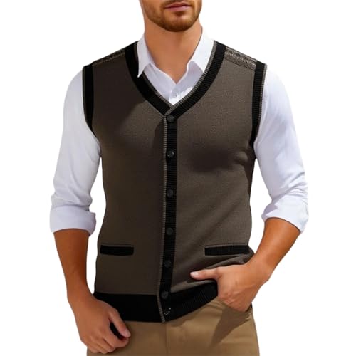 Chaleco para Hombre de Lana Mezcla con Botones Cardigan de Punto Cuello en V Color Sólido sin Mangas Cardigan Bolsillos Camiseta de Forro Polar Camiseta sin Tirantes Otoño Invierno Cálido, X Caqui, S
