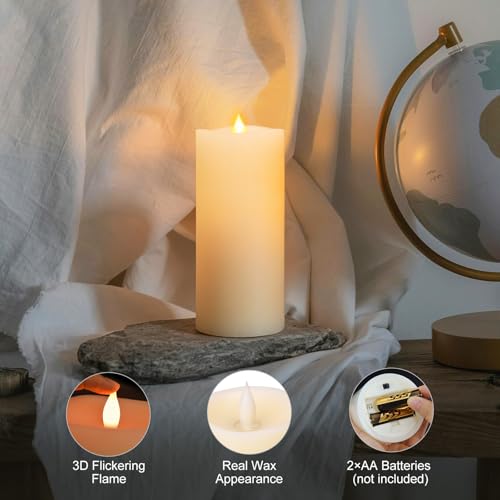 Image of 1PCS, 3 x 7 inches Flameless Candle with Remote Control, 3D Flickering Wick, Real Wax, Battery Candles,with Timer,Battery Powered Candles,for Holiday Home Decor,Ivory