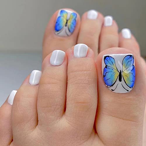 Press on Toenails Short Fake Nails French Tips Toenails with Blue Butterfly Designs Glossy Acrylic Square False Toe Nails for Women Summer Beach Full Cover Fake Foot Nails Art 24PCS