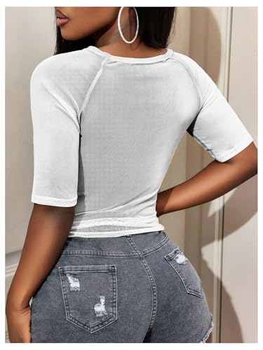 Image of RoseSeek Women's Sheer Mesh Letter Graphic Tees Short Sleeve Crew Neck Y2K Vintage Summer Going Out Crop Tops