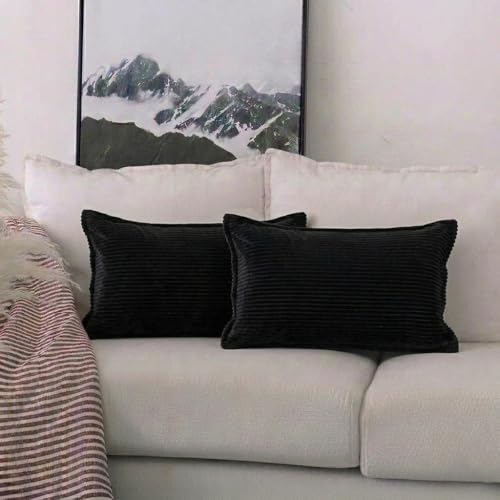 Image of RD TREND Corduroy Cushion Cover Set of 2, Striped Double Sided Decorative Throw Pillowcases for Sofa, Bed & Living Room Rectangular Long Cushion Covers 18x28 inches | Black