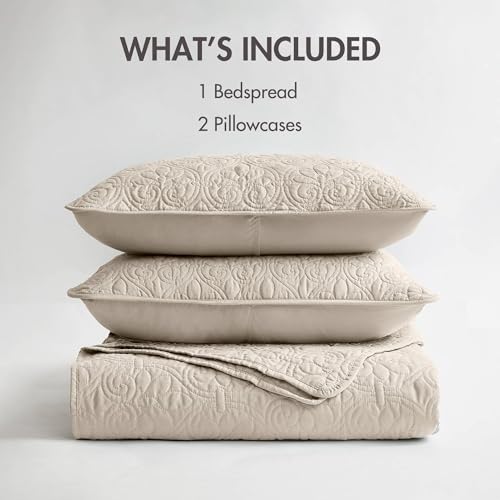 Madison Park Quebec King Size Quilt Bedding Set - Cream , Damask – 3 Piece Bedding Quilt Coverlets – Ultra Soft Microfiber Bed Quilts Quilted Coverlet