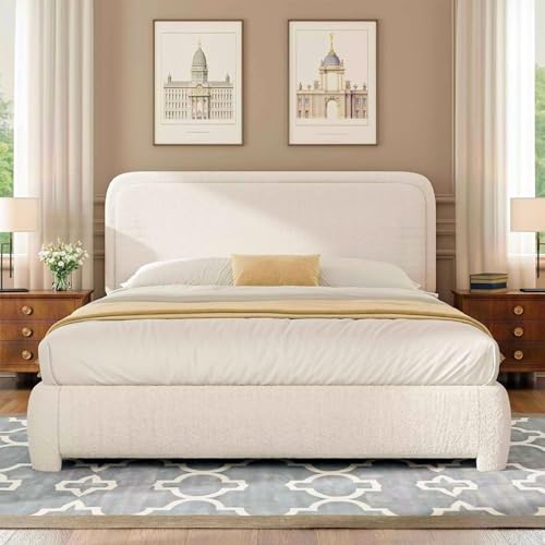 Image of BarnFurin Queen Bed Frame, Cloud Boucle Headboard, Rounded Corners, Beige | Soft boucle and rounded edges create a low-profile cloud look. Wooden slats support the mattress without a box spring