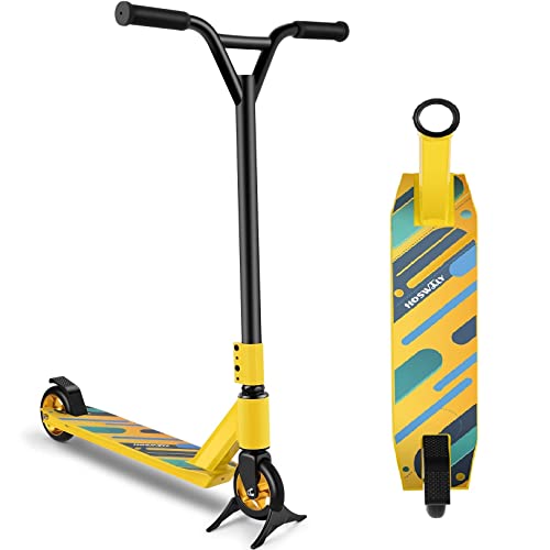 Stunt Scooter, HOSWTLY 360° Lenkung Funscooter Stuntscooter mit Ständer, Freestyle Tretroller mit 110mm Aluminium Wheels und ABEC 9 Kugellagern, Kickscooter, Stunt Roller für Kinder Erwachsene (Gelb) Cover