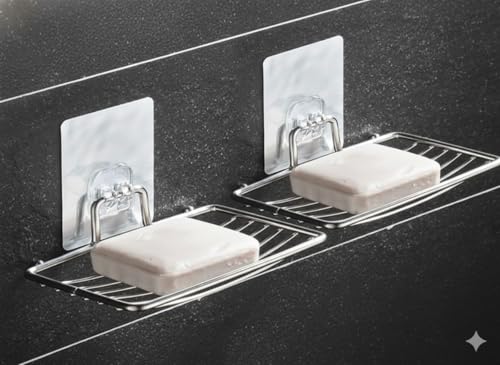 Image of Wall Mounted Stainless Steel Bathroom Soap Rack | Strong Self-Adhesive Shower Organizer for Soap & Toiletries | Rustproof Storage Rack for Kitchen, Washroom & Toilet, No Drilling - Pack of 2
