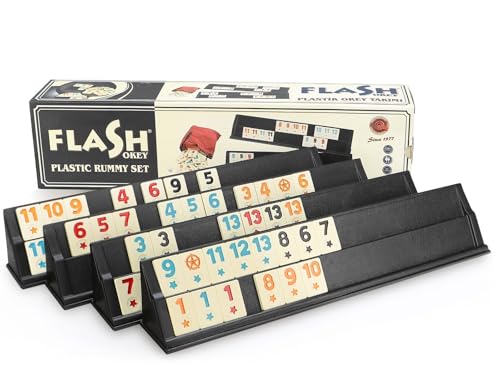 Semus Flash Black Okey/Rummy PVC Steinleger Melamin Spielsteine Mattiert Mit 4 Steinaufstellern Würfel & Stoffbeutel