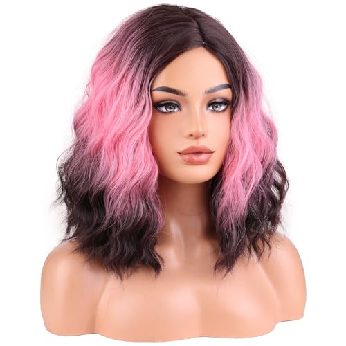 Image of BERON Hot Pink Ombre Brown Wigs Short Curly Wave Wigs for Women and Girls Shoulder Length Wavy Heat Resistant Synthetic Wig Cosplay Costume Party or Daily