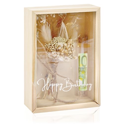 Geldgeschenke Geburtstag Happy Birthday Geldgeschenk Verpackung Holzbox + Trockenblumen + Reagenzglas Geschenkbox Geburtstag für Frauen & Männer Geburtstagsgeschenk aus Holz