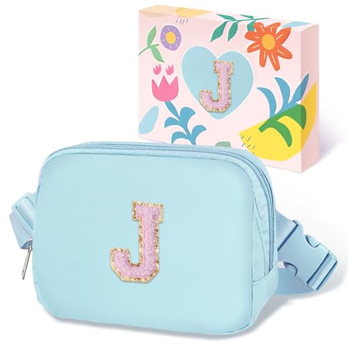 Image of COSHAYSOO Valentines Birthday Initial Gifts for Teen Girls 5 6 7 8 9 10 11 12 13 14 Year Old Blue Fanny Pack for Girls Belt Bag Crossbody Travel Purse Unique Trendy Fashion Stuff Chenille Letter J